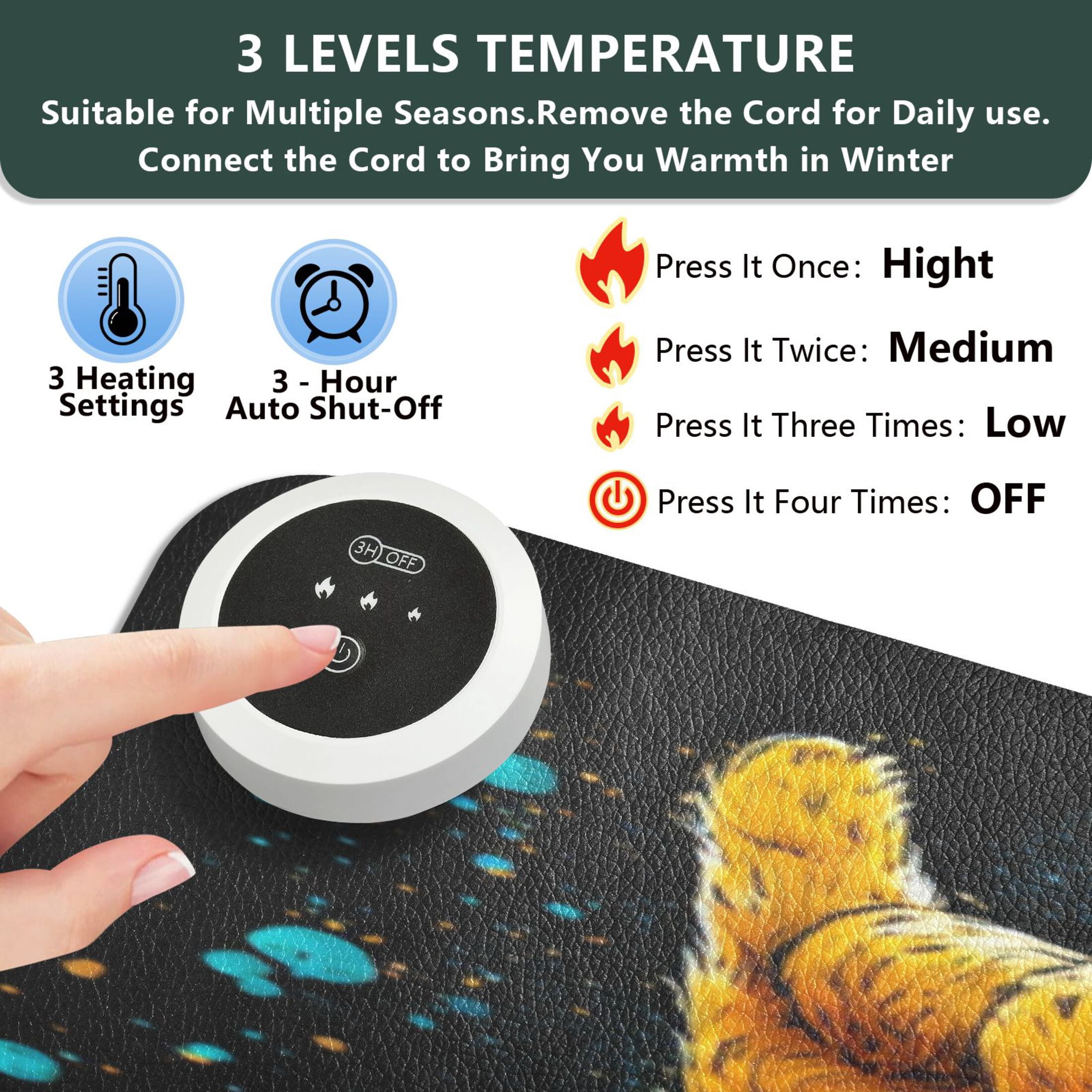 Large Heated Desk Mat Mouse Pad 31.5"x13"PU Leather Graphene Heating Desk Warmer with 3 Temperature Settings 110V US Plug Non-Slip Warm Pad for Home, Office, and Gaming Guitar Playing Cat
