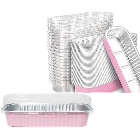 50 Pack 6.5 Inch Mini Loaf Pans with Lids, Pink Rectangular Aluminum Foil Pans, Disposable Baking Containers