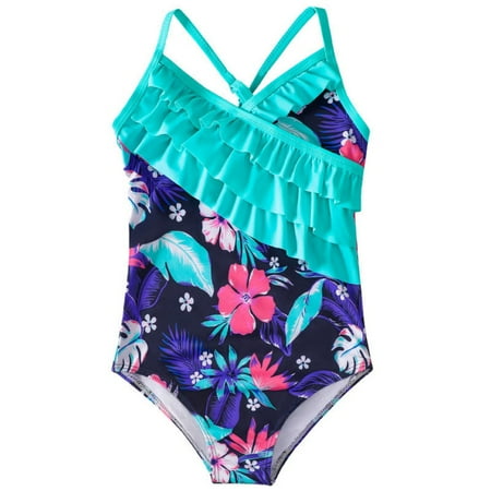 URMAGIC URMAGIC 4-12T Child Girls One Piece Ruffle Swimsuit Criss Cross Bathing Suit Swimwear/Purple Floral
