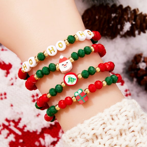 NICKSUN Christmas Bracelets Set for Women Xmas Preppy Clay Stretch Charm Beads Stackable Heishi Bracelet Christmas Tree Snowflake Santa Claus Jingle Bell Accessories Party Friendship Gift