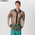 thumbnail image 2 of INCERUN Tops 2024 estilo americano para hombre, camisas de malla con perspectiva sexy y flores, ropa de club a la moda, blusa fina de manga corta para hombre S-3XL, 2 of 5