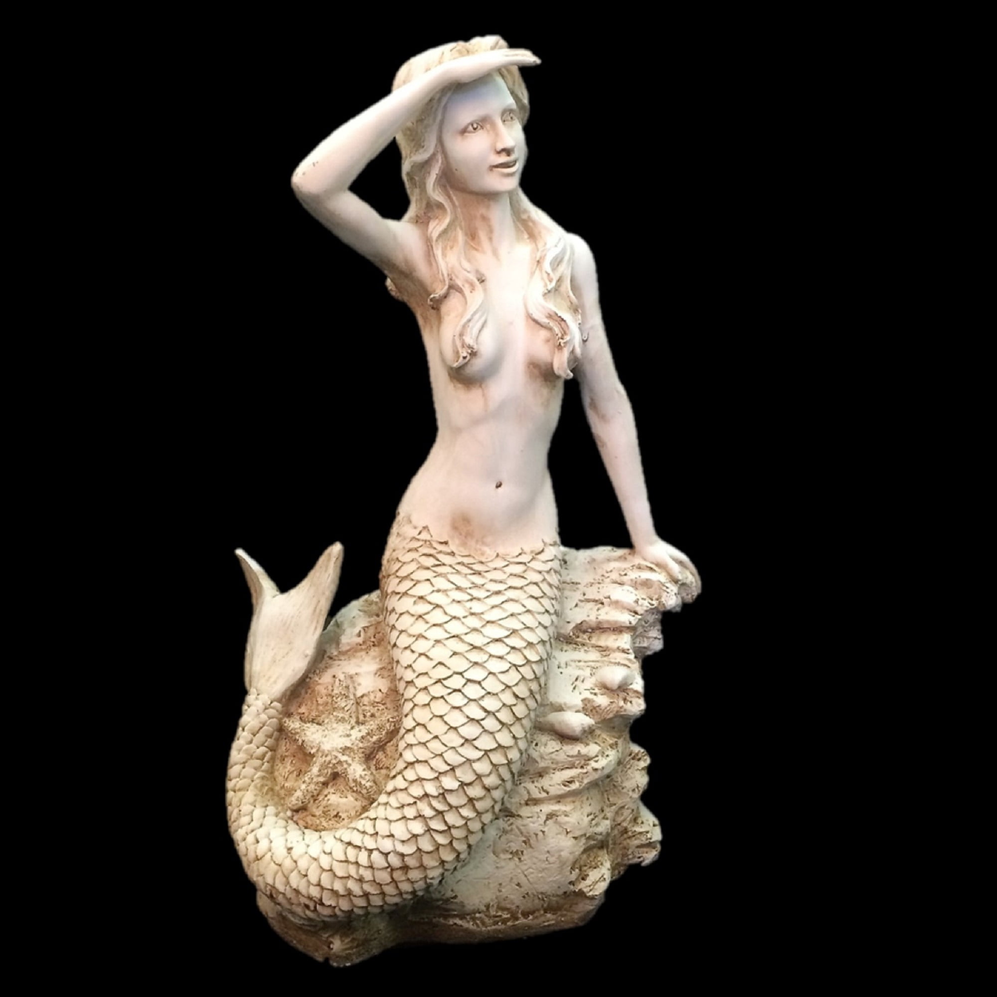 Homestyles 22 in. Antique White Classic Mermaid Sitting on Coastal Rock Looking Out to Sea Beach Nautical Extra Large Statue