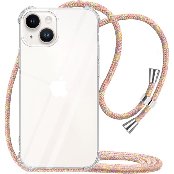 for iPhone 14 Plus Case with Adjustable Crossbody Strap Soft Transparent TPU Anti-Scratch Shock-Absorbent Protective Phone Cover for iPhone 14 Plus Lanyard Case 6.7 inch 2022 - Rainbow