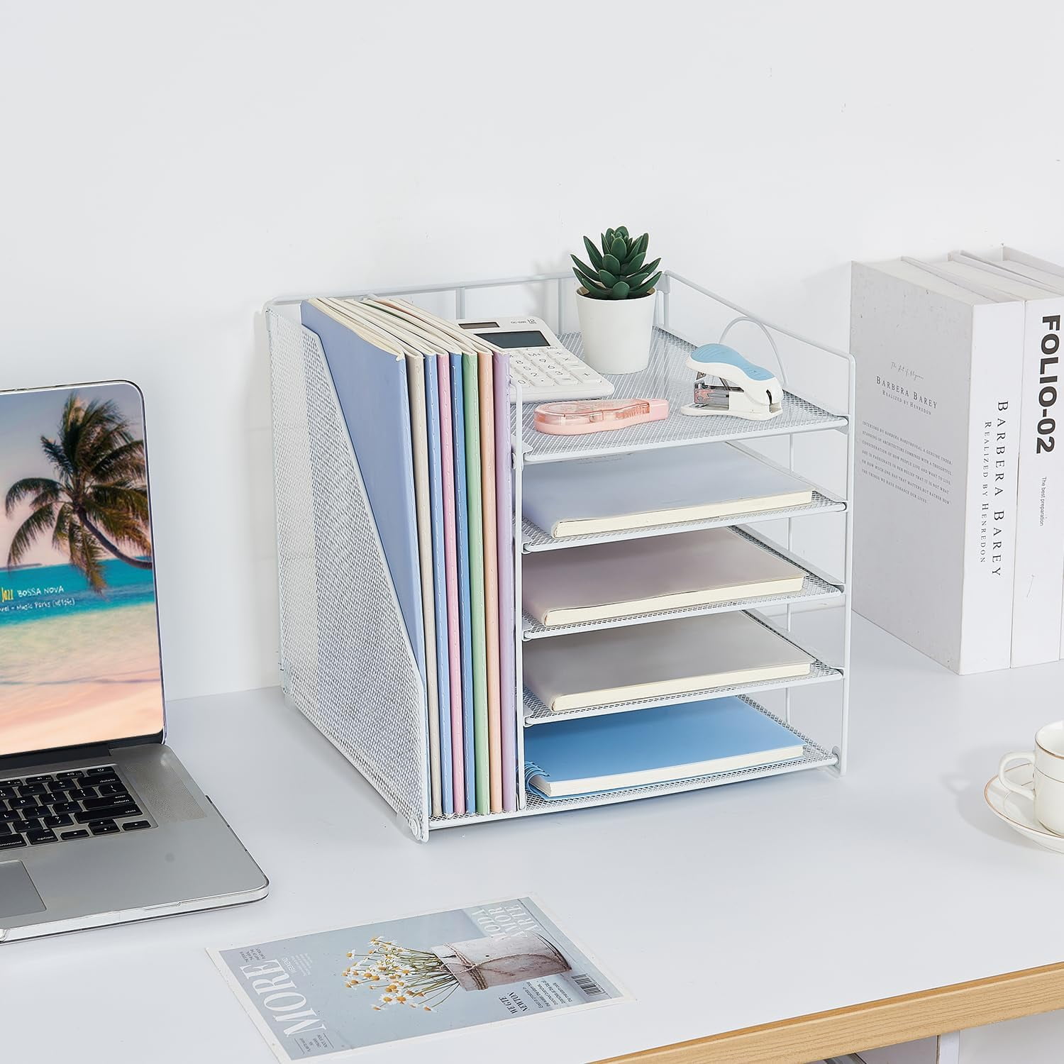 Desk Organizers and Accessories, 5-Tier Paper Letter Tray Organizer with File Holder, Desktop Organizer for Office Supplies (White)
