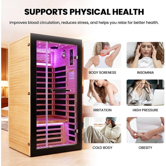 Sauna Far Infrared Saunas Room for 1 Person ,1450W Canadian Hemlock Dry Sauna with 7 Heating Plates 35.5 * 35.5 * 70.9in
