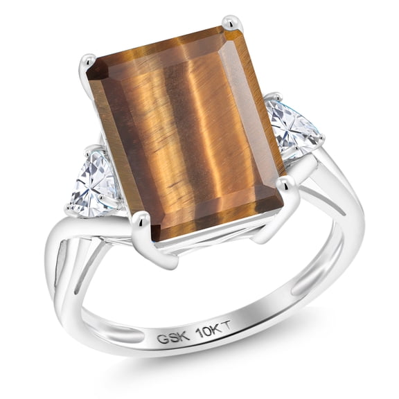 Gem Stone King 10K White Gold Brown Tiger Eye and White Moissanite 3 Stone Engagement Ring for Women (6.96 Cttw, Emerald Cut 14X10MM, Trillion 4MM, Size 7)