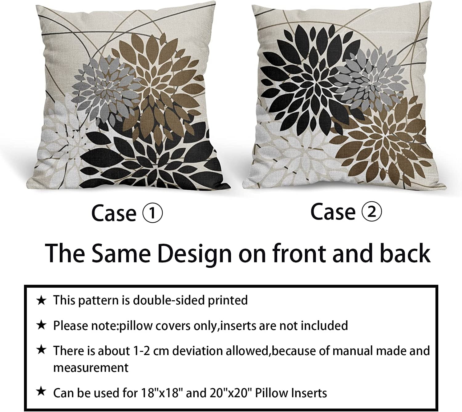 Black Brown Throw Pillow Covers 20x20 Inch Dahlia Flower Decorative Pillows Modern Geometry Floral Outdoor Farmhouse Pillowcase Linen Square Cushion Case Decor for Home Sofa Couch Bed, Set of 2