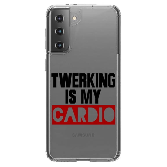 DistinctInk Clear Shockproof Hybrid Case for Galaxy S21  PLUS 5G (6.7" Screen) - TPU Bumper Acrylic Back Tempered Glass Screen Protector - Twerking is My Cardio