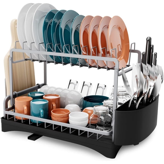 Dish Racks for Kitchen Counter Aluminum 2-Tier Dish Drying Rack with Drainboard,Large Capacity 6-in-1 Dish Rack with 360°Swivel Spout, Never Rust Compact Detachable Dish Drainer, Gray