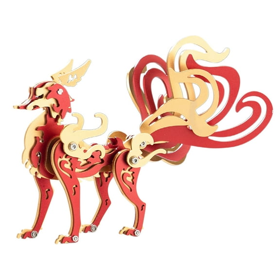 85PCS Red Gold Nine-Tailed Fox DIY 3D Metal Assembly Model – Stainless Steel Aluminum Copper Puzzle, Mythical Creature Creative Desktop Ornament Gift for Hobbyists