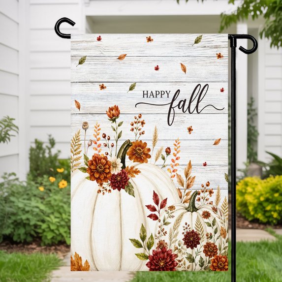 Hello Fall House Flags For Outdoor, Rustic White Pumpkin Terracotta Mums Dahlia Wood Grain Small Double Side Yard Flags Weather Proof House Decor for Lawn Outside Holiday 28 x 40 Inches