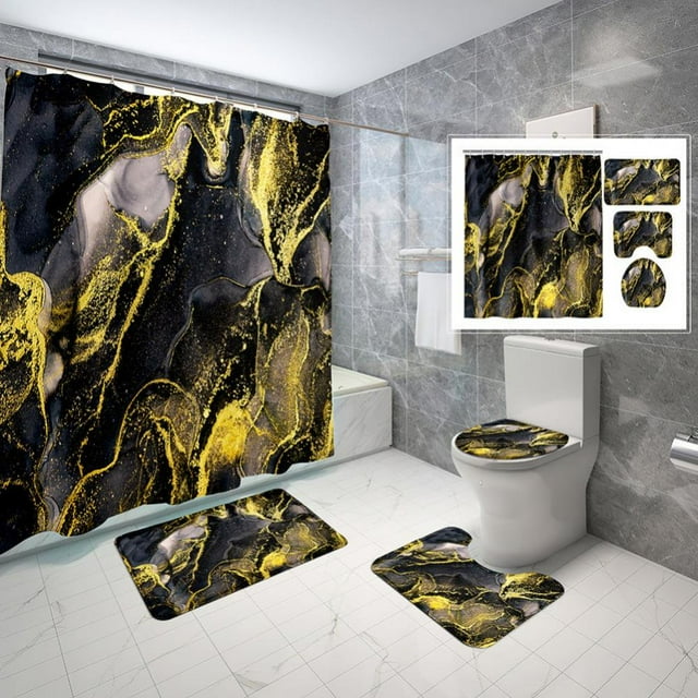 Aosijia 4 Pcs Marble Shower Curtain Sets Bathroom Sets with Shower Curtain and Rugs and Accessories Rug Toilet Lid Cover and Non-Slip U Shape Mat Waterproof Shower Curtain with 12 Hooks