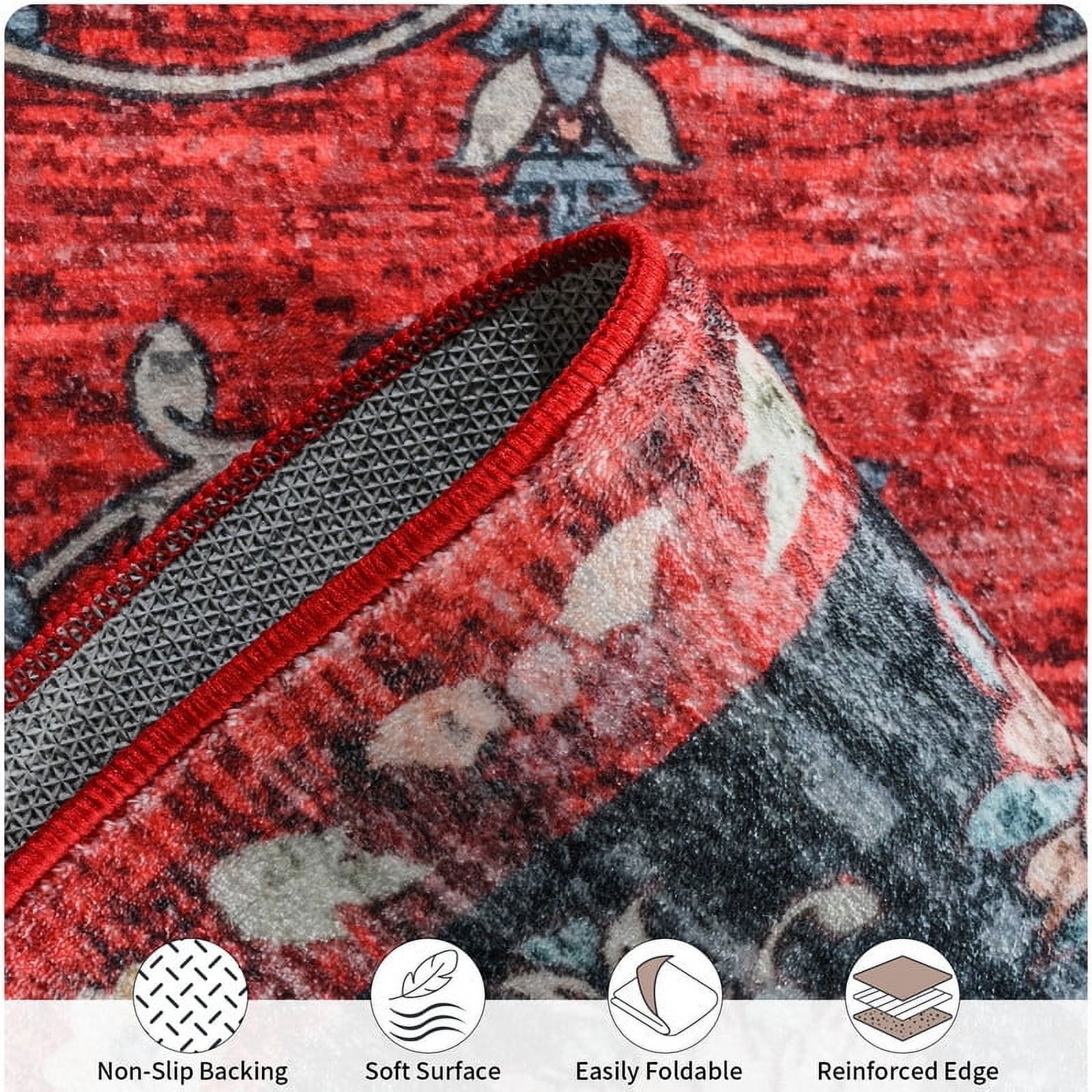 Jamfeel 2x3 Small Rugs Vintage Print Washable Door Mat Indoor Entrance Low Pile Rug for Living Room Entryway, Kitchen, Red