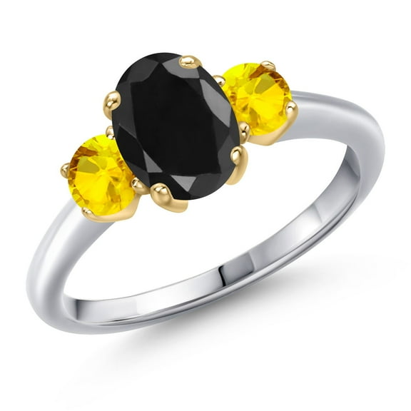 Gem Stone King 925 Silver and 10K Yellow Gold Black Sapphire and Yellow Sapphire Engagement Ring for Women | 2.38 Cttw | Oval 8X6MM | Gemstone September Birthstone | Size 7