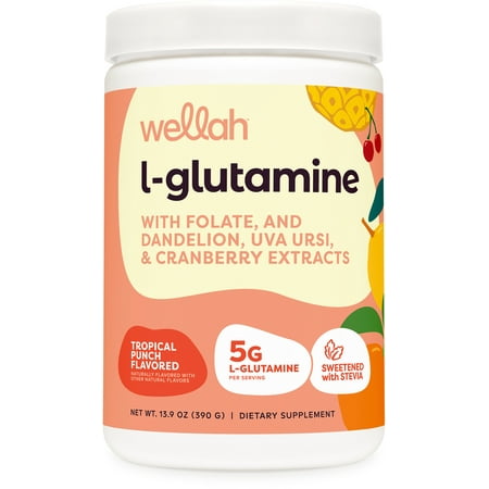 Wellah L-Glutamine Tropical Punch Powder (50 Servings) - 5g L-Glutamine Per Serving, Sweetened with Stevia