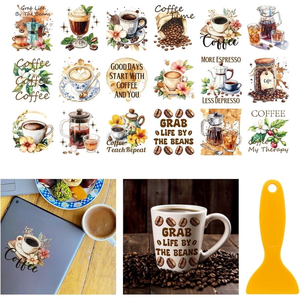 18 hojas de pegatinas de transferencia de bebidas de café de 3,9 x 3,6 pulgadas, pegatinas de café, pegatinas de transferencia de granos de café