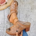 thumbnail image 3 of Mules Sandals for Women Trendy Embroidery Buckle Strap Chunky Heeled Slides Slip on Peep Toe Backless Heels Brown Size 9, 3 of 5