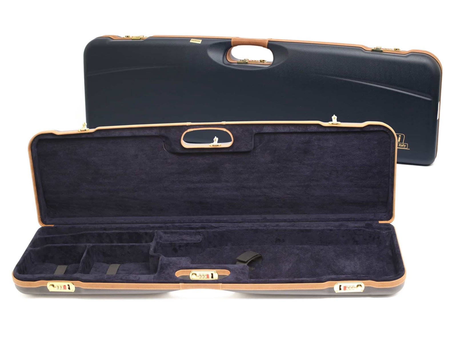 Negrini OU Deluxe High Rib Trap/Sporting Shotgun Case, Navy/Tobacco Leather/Navy Interior