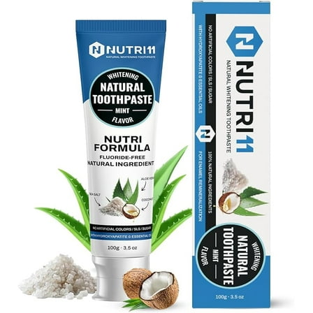Nutri 11 Natural Whitening Toothpaste | Fluoride-Free & SLS-Free | Enamel Remineralization with Hydroxyapatite & Baking Soda | Sensitive Teeth Safe | Fresh Mint Flavor | 100g
