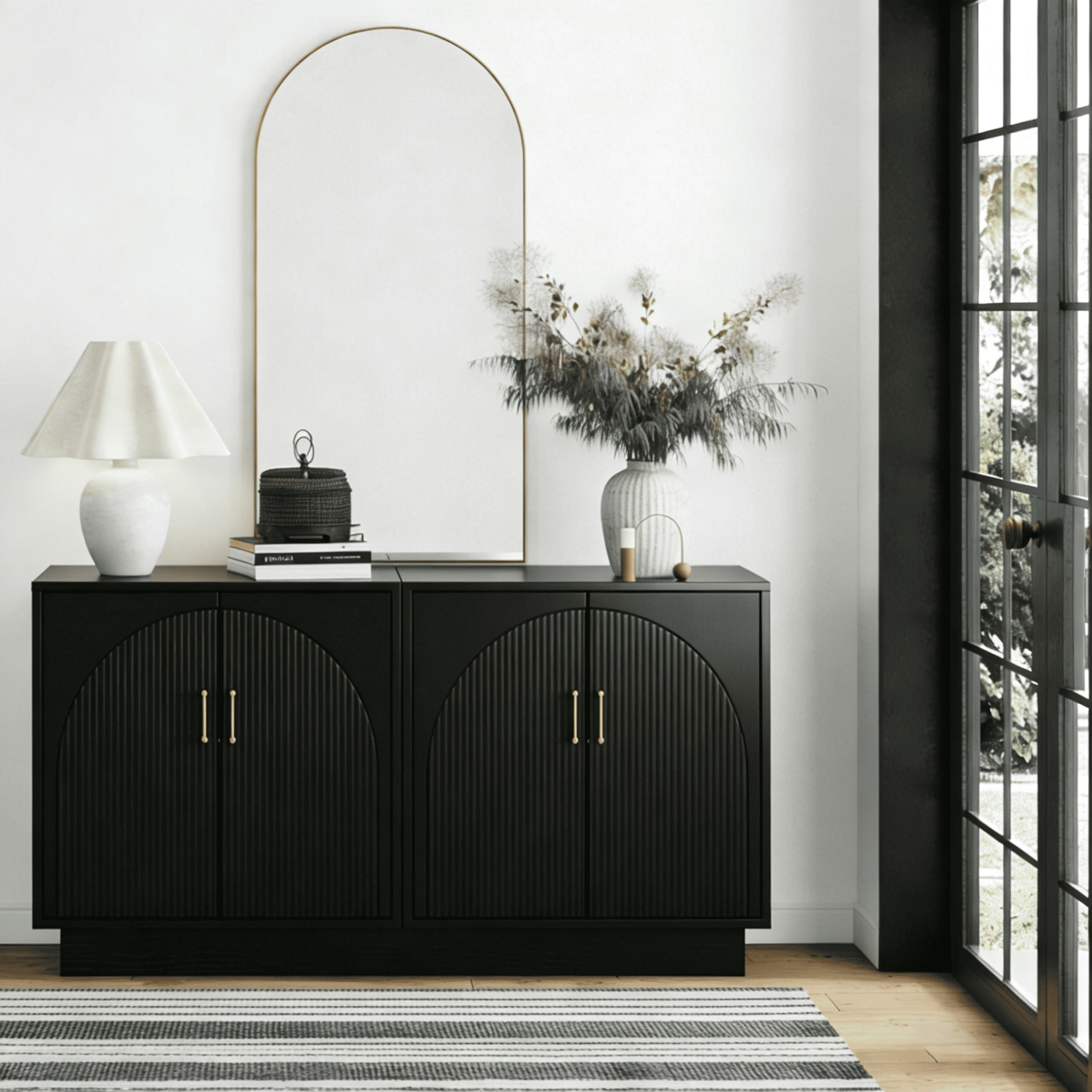 Mid-Century Fluted TV Stand with Storage Fits TVs up to 75", Entryway Console, Sideboard, Ebony Black