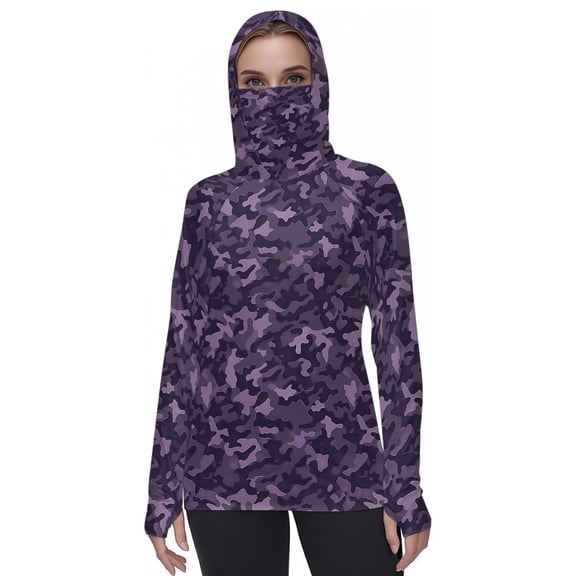 SuTry Camouflage Sun Protection Shirt UV Protection Hooded Long Sleeve with Face Mask Thumb Holes Raglan Sleeve for Women Outdoor Hiking Top