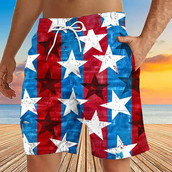 cllios 4th of July Men's Swim Trunks Quick Dry Summer Beach Shorts Independence Day Swimwear Bathing Suit Patriotic Red White and Blue Print Swimming Trunks with Pocket