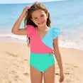 thumbnail image 6 of YTCAMLO Little Girls One Piece Swimsuits Summer Fashion Color Block Patchwork V Neck Ruffle Sleeve Bathing Suits Quick Dry Beach Swimwear, Green 15-16 Years, 6 of 8