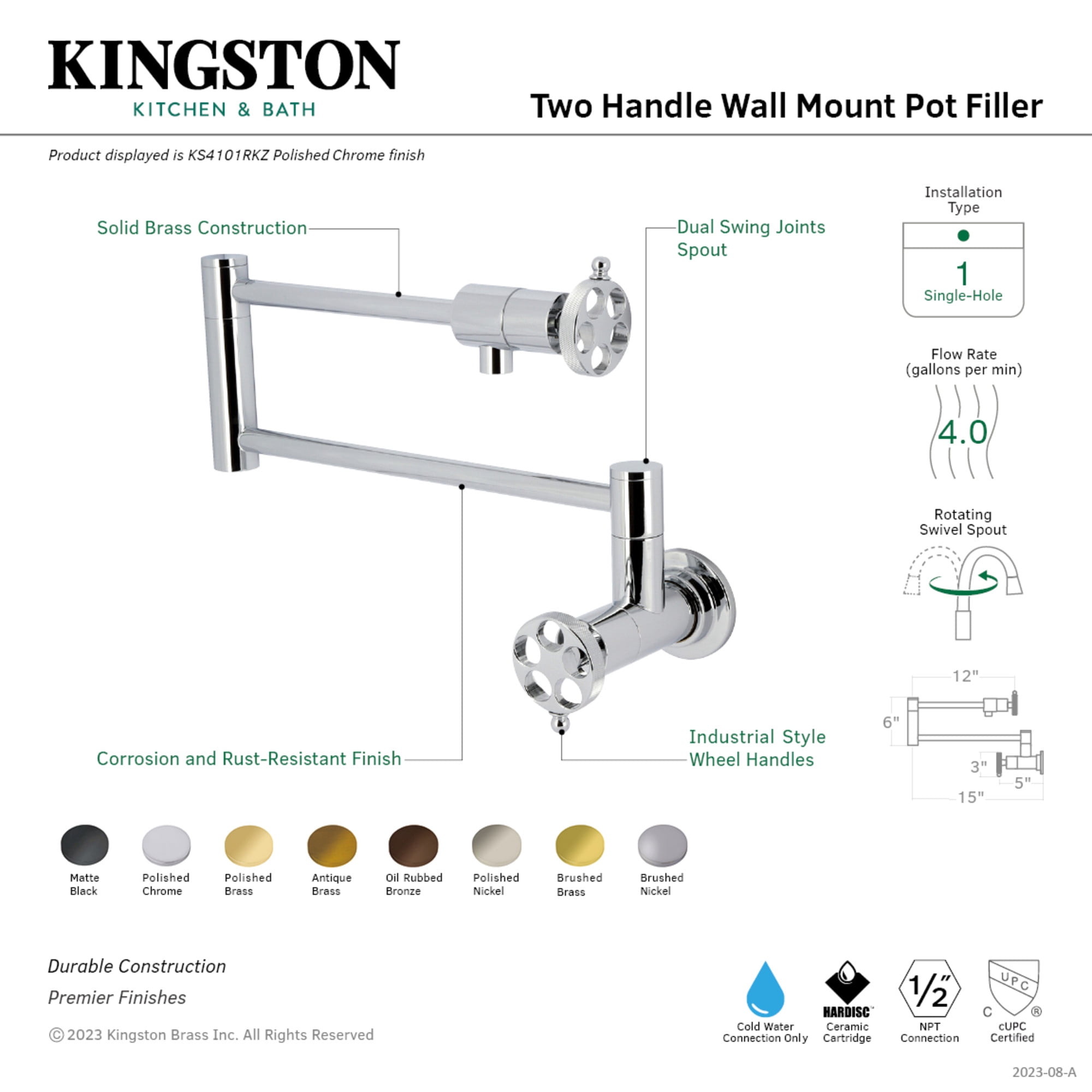 Kingston Brass KS4105RKZ Wendell Wall Mount Pot Filler Faucet with Knurled Handle, Oil Rubbed Bronze