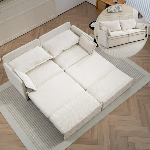 73.6 Inch Pull-Out Sofa Bed, 3-in-1 Corduroy Sleeper Sofa with Storage & USB/Type-C Ports, Convertible Couch for Living Room, Bedroom, Apartment (White)