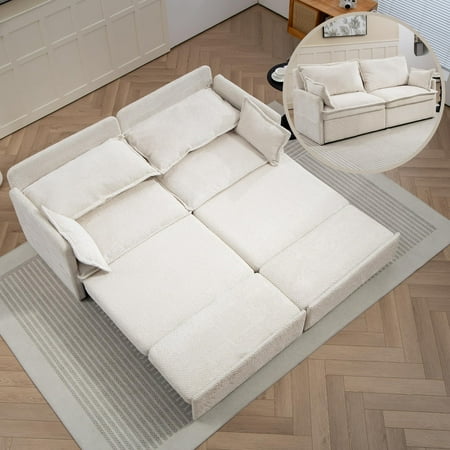 73.6 Inch Pull-Out Sofa Bed, 3-in-1 Corduroy Sleeper Sofa with Storage & USB/Type-C Ports, Convertible Couch for Living Room, Bedroom, Apartment (White)