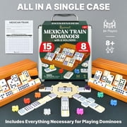 Queensell Mexican Train Dominoes Set Double 15 – 136 Tiles with Wooden Holders, Hub and Aluminum Case