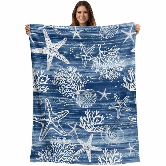 Navy Blue Coastal Blanket Soft Cozy Warm Throw Blanket for Couch, Plush Fuzzy Flannel Fleece Blankets for Sofa, Summer Beach Nautical Starfish Coral Vintage Bed Blankets Gifts for Men, 40"x50"