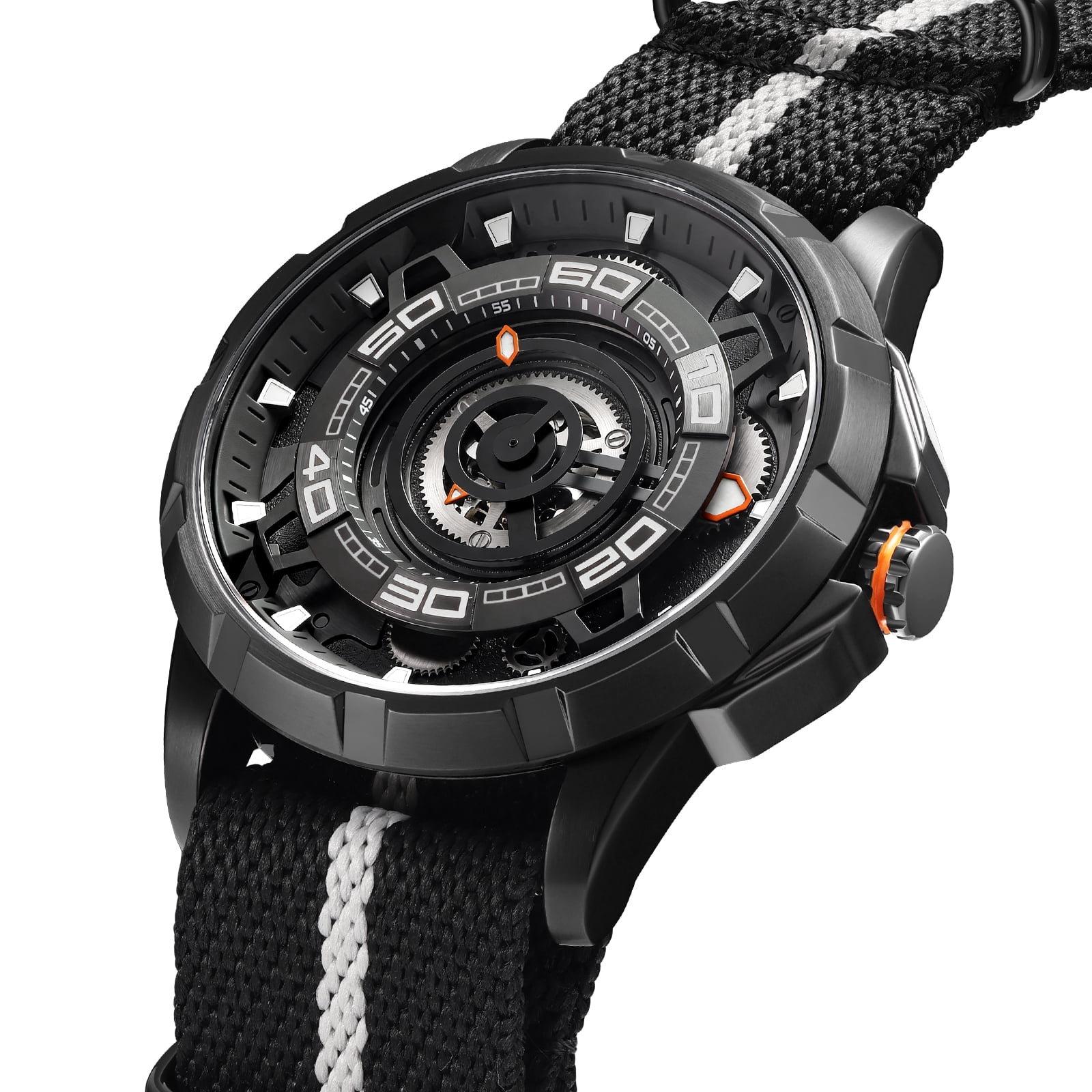 BERNY Mens Skeleton Automatic Watch, Luxury Fashion Self Winding Mechanical Watch with Nylon Strap, Exhibition Caseback, Sapphire Crystal, Luminous 50M Waterproof Watches for Mens Gifts (Black)