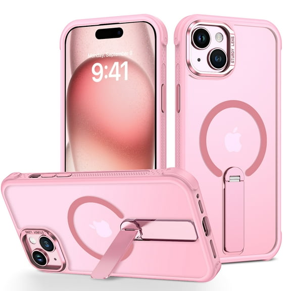 GUAGUA Magnetic for iPhone 15 Plus Case with Kickstand, Compatible with Magsafe, Fully Adjustable Slim Translucent Matte Phone Case for iPhone 15 Plus 6.7" Pink