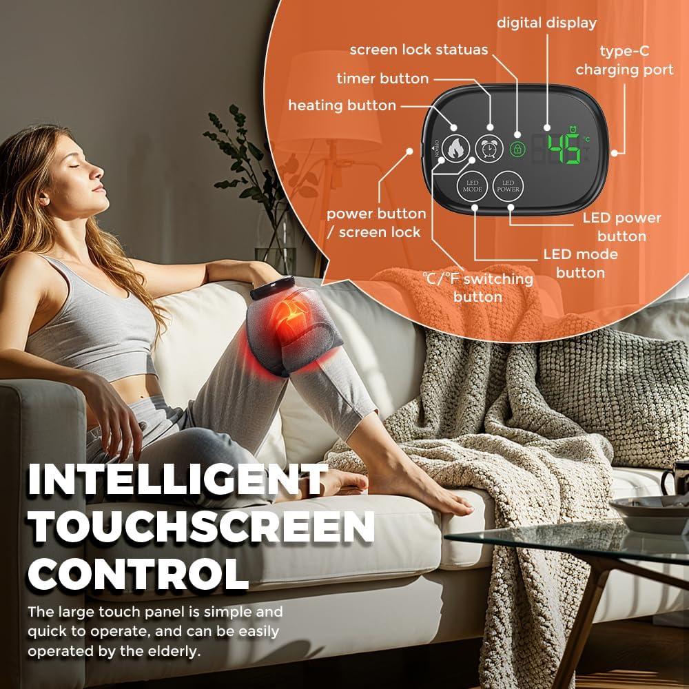 Wearable Heated Wrap with Dual-Wavelength LEDs, Cordless Rechargeable Support Brace for Knee, Elbow, and Shoulder, with Adjustable Temperature and Timed Sessions