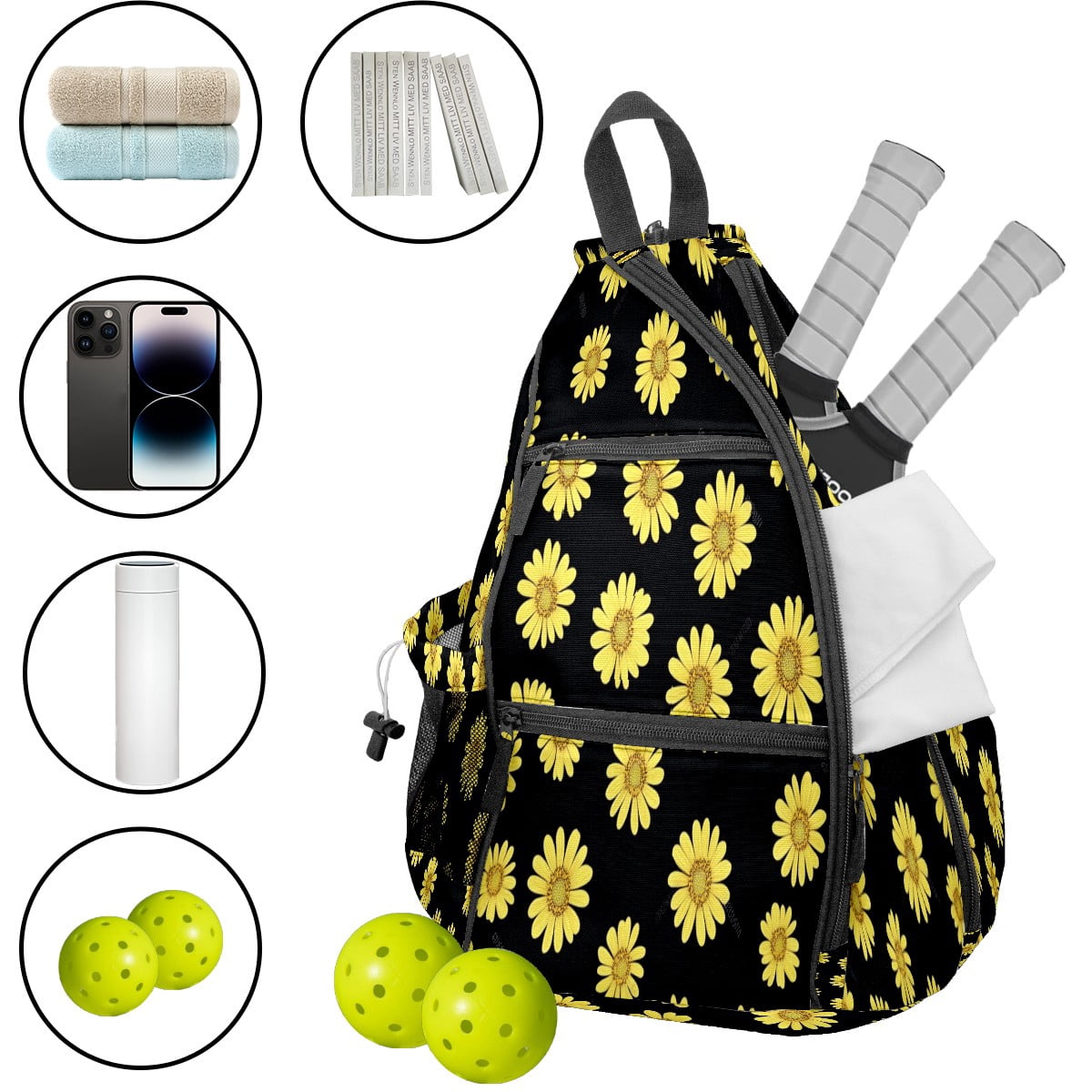 Pickleball Bags for Men Women Pickleball Backpack with Large Capacity Lightweight Adjustable Pickleball Sling Bag Hold Paddles, Balls, Accessories Yellow Flower Pattern