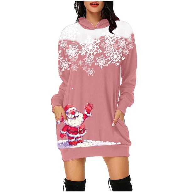 WILLBEST Sudaderas para Mujer, Vestido de Navidad, Vestido de Noche para Mujer, Sudadera Navideña de Moda con Capucha y Bolsillo Tipo Bolso, Sudadera Estampada, Falda de Moda Mediana