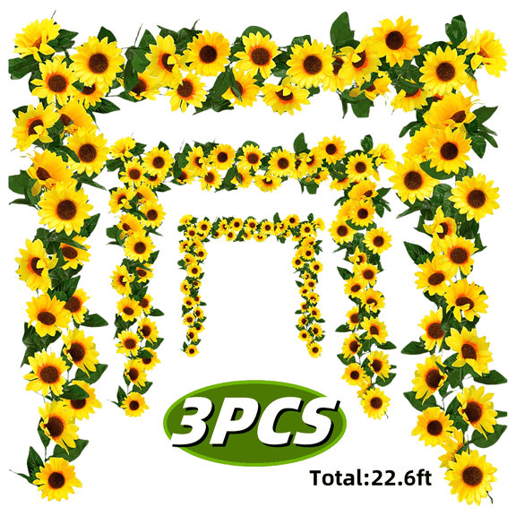Artificial Sunflower Garland with Green Leaves Hanging Silk Sunflower Vine for Wedding Home Garden Craft Tea Party Decoration 3PCS