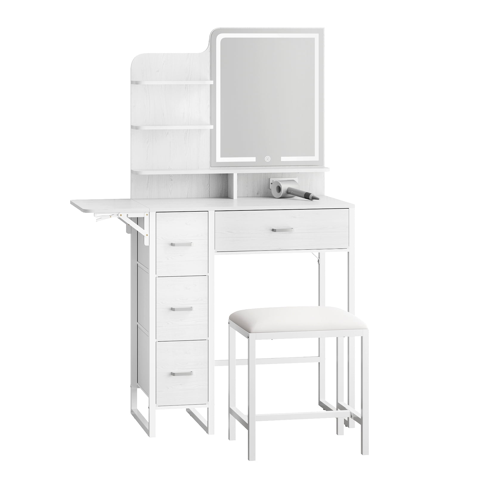 Fairy Makeup Vanity for Bedroom with LED Mirror, Lights, 4 Drawers, USB Ports, Stool, White
