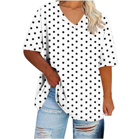 Plebaso Womens Plus Size Tops Short Sleeve Polka Dot Print Basic V Neck Tee Summer Graphic Tee for Women