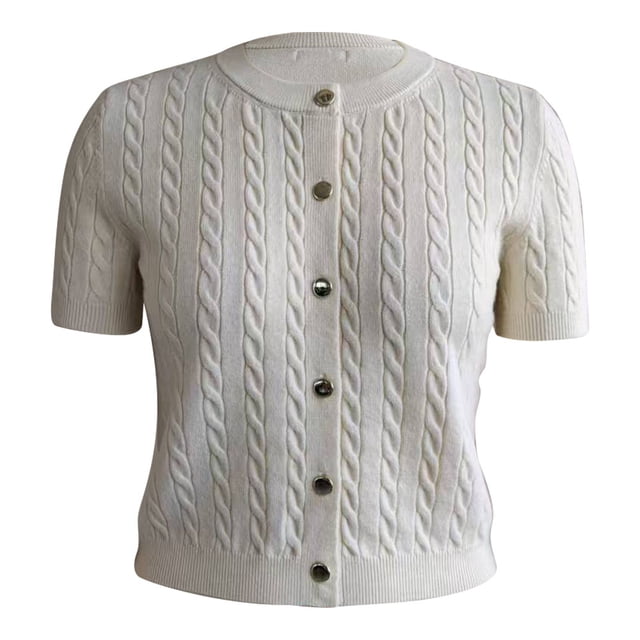 Suéter George para Mujer, Tejido de Cable, Botones Dorados, Manga Corta Crema Talla G