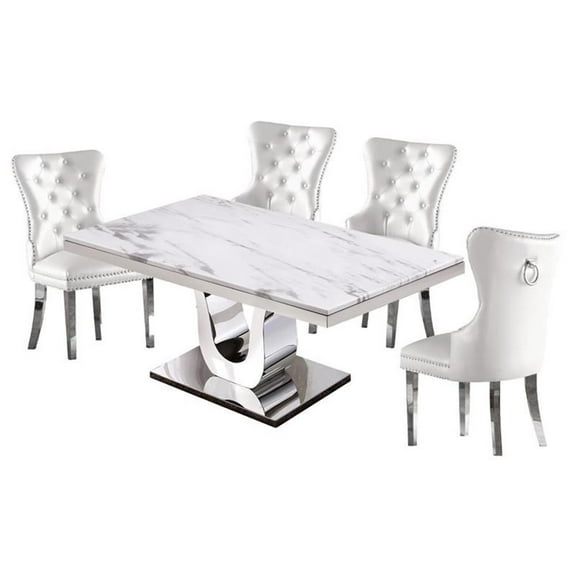 Rectangular White Marble 5 Piece Dining Set with Silver Stainless Steel Base