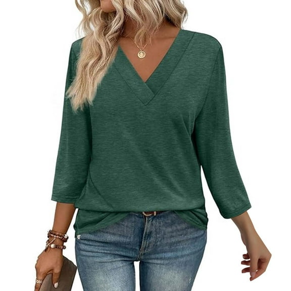 Texiao 3/4 Length Sleeve Women's Tops V Neck Casual Tunic Tops Basic Shirts Loose Fit Blouse