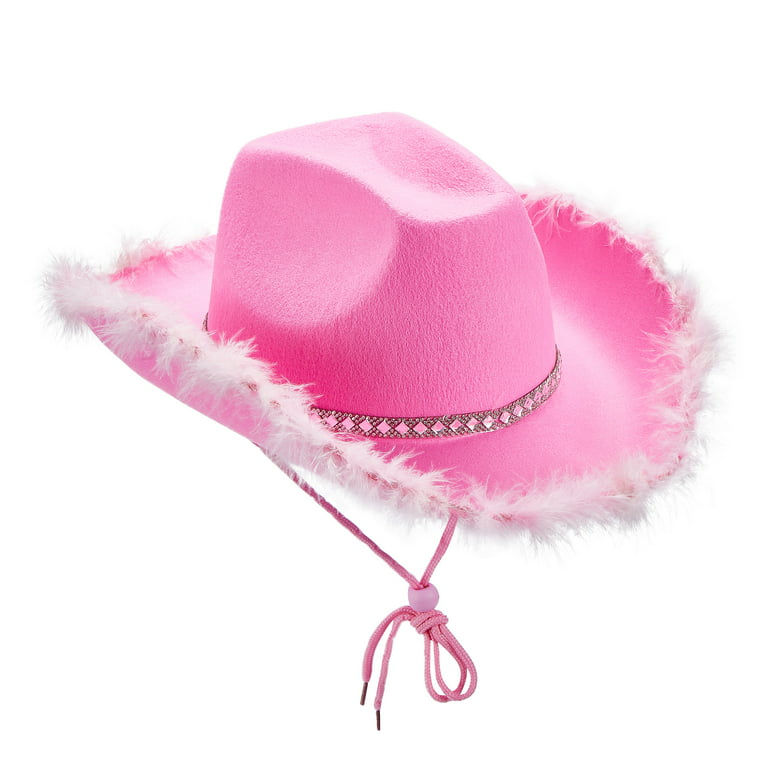 CenturyX Felt Cowboy Hat for Women Novelty Cowboy Hat with Feathers Wide  Brim Cowgirl Hat for Women, Western Party Hat Accessories Pink One Size 