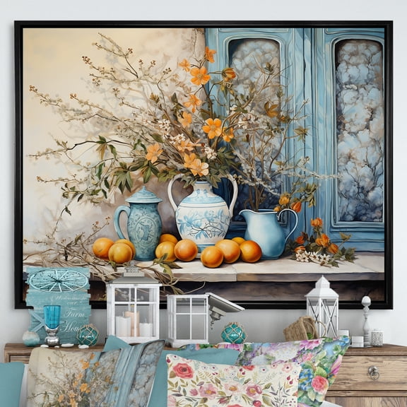 Designart "Citrus Charm In Country Floral Vase" Flowers Floater Framed Wall Art Living Room