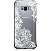 Galaxy S8 Case Clear with Lace Design Shockproof Protective Case for Samsung Galaxy S8 5.8 Inch Cute Henna Flowers Pattern Flexible Soft Slim Rubber White Floral Cell Phone Back Cover for Girls Women