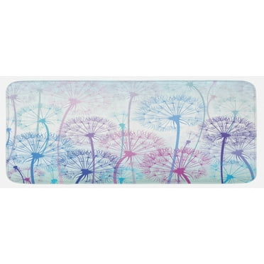 Dandelion Kitchen Mat, Watercolor Abstract Floral Arrangement with Botany Inspirations Nature, Plush Decorative Kitchen Mat with Non Slip Backing, 47" X 19", Pale Blue Violet Pink, by Ambesonne
