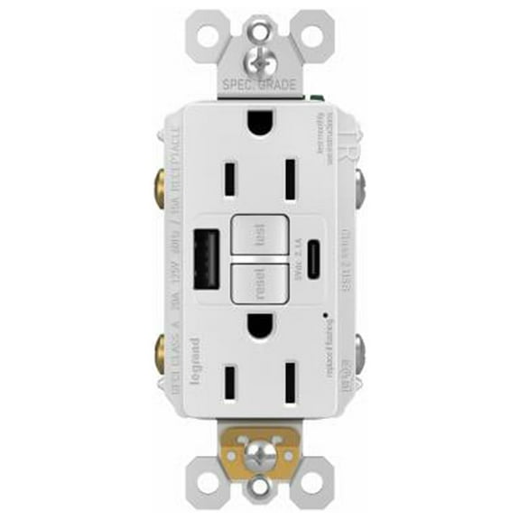 Legrand 1597TRUSBACWC4 Pass & Seymour Radiant 15A Tamper-Resistant Self-Test GFCI USB Type-A/C Outlet, Whit - Quantity 1