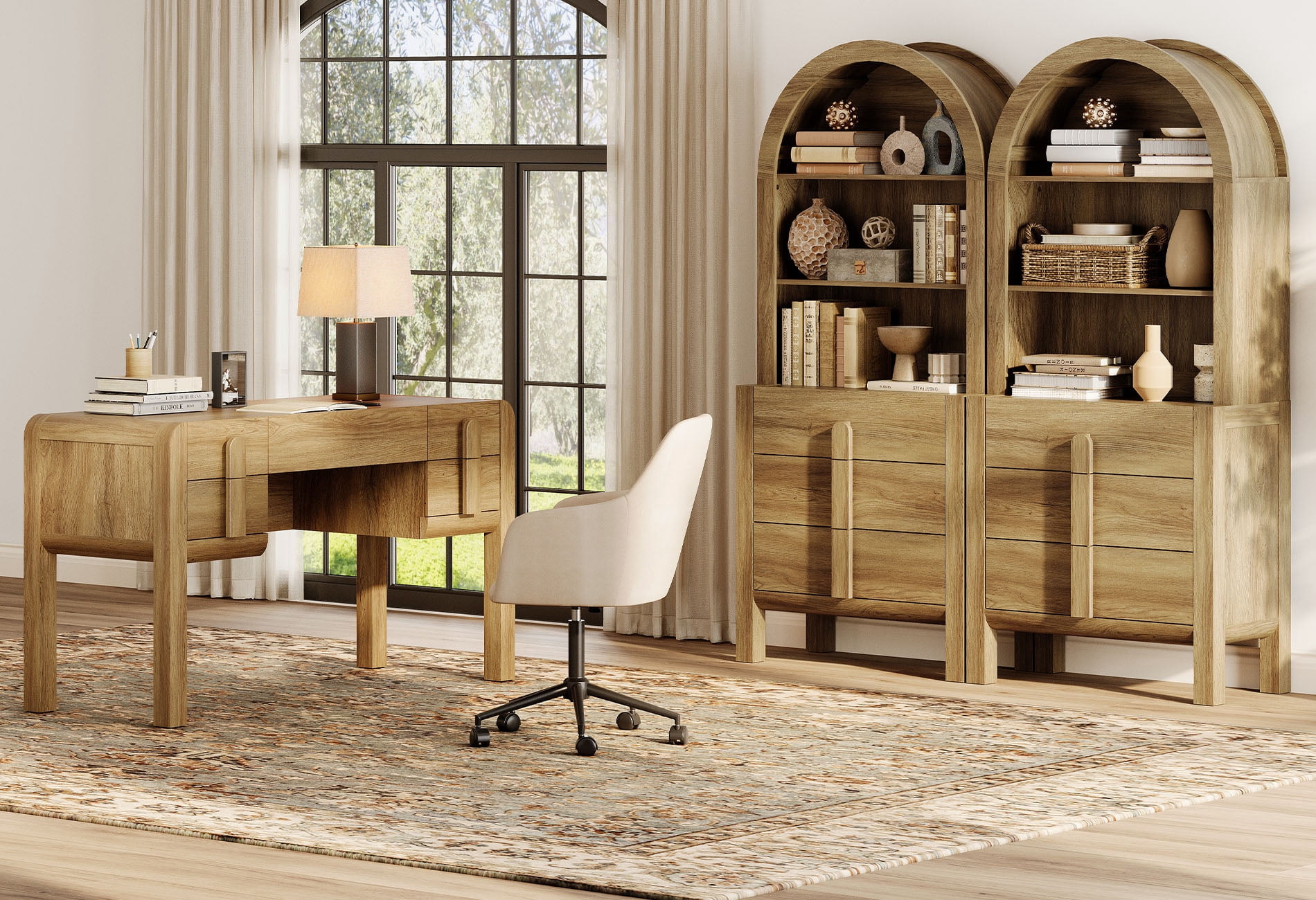 Home Office Set, 53.5" Modern Executive Desk with Charging Station and Drawers & 2 Piece 71"H Tall 3-Tier Arched Bookcases with Open Storage for Living Room, Bedroom, Home Office