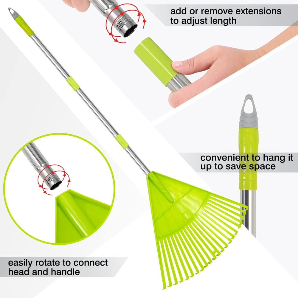Colwelt Plastic Rakes for Leaves, 72 in, Leaf Rake with Lightweight Stainless Steel Handle to Sweep Leaves in Lawn, Durable Plastic Green Head 22 Tines & 15 Tines